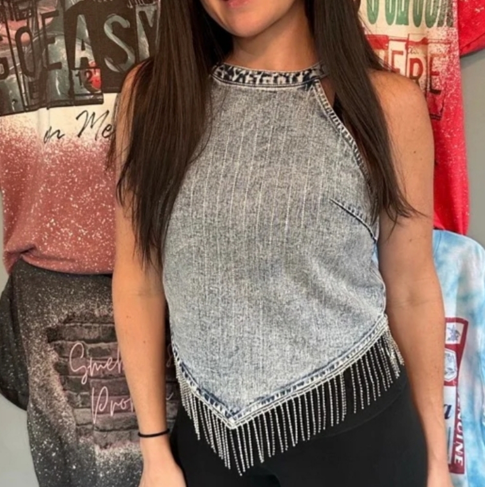 Women’s Washed Gray Halter Tank Top with Fringe